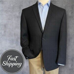 CALVIN KLEIN Mens Gray Wool Windowpane Blazer Two Button Sport Coat Jacket 40R